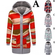 Fashion Long Sleeve Plush Long Hooded Printed Knit Coat