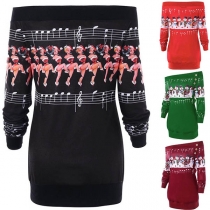 Fashion Christmas Contrast Color Boat-neck Long Sleeve Printed Pattern Sweatshirt