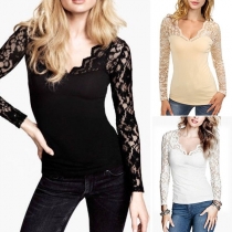 Fashion Deep V-neck Lace Spliced Embroidered Slim Fit Shirt
