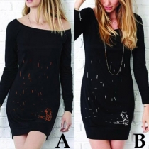 Fashion Boat-neck Long Sleeve Slim Fit Printed Over-hip Dress