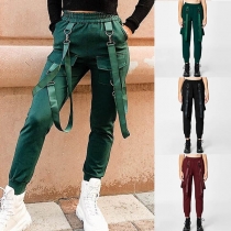 Fashion Solid Color Elastic Waist Slim Fit Side Pockets Pants
