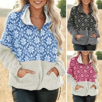 Fashion Contrast Color Lapel Collar Long Sleeve Kangeroo's Pocket Sweatshirt