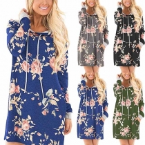 Fashion Contrast Color Long Sleeve Printed Pattern Hooded Sweatshirt Dress