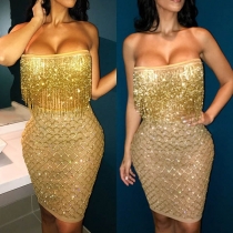 Fashion Solid Color Boat-neck Off-shoulder Tassels Top + Slim Fit Over-hip Dress