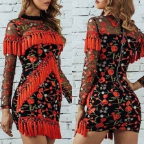 Fashion Contrast Color Round-neck Gauze Spliced Embroidered Zipper Tassels Dress