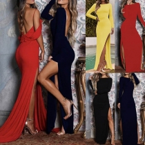 Sexy Backless Slit Hem Long Sleeve High Waist Solid Color Party Dress