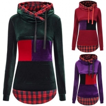 Fashion Contrast Color Plaid Spliced Long Sleeve Slim it Hoodie