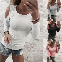 Sexy Off-shoulder Lace Spliced Long Sleeve Round Neck Solid Color T-shirt 