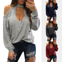 Sexy Off-shoulder Long Sleeve Hollow Out Ripped T-shirt 