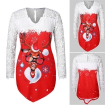 Fashion Lace Spliced Long Sleeve V-neck Elk Printed Top