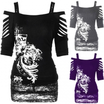 Sexy Off-shoulder Ripped Short Sleeve Printed Sling T-shirt