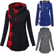 Fashion Plaid Spliced Long Sleeve Hooded Sweatshirt
