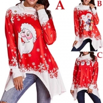 Fashion Long Sleeve Turtleneck Irregular Hem Santa Claus Printed Top