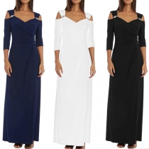 Sexy Off-shoulder V-neck 3/4 Sleeve Solid Color Slim Fit Dress