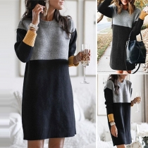 Fashion Contrast Color Long Sleeve Round Neck Sweater Dress