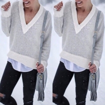 Fashion Contrast Color Long Sleeve V-neck Sweater