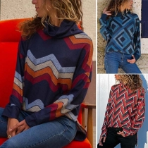 Fashion Long Sleeve Turtleneck Geometric Printed High-low Hem T-shirt