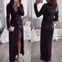 Sexy Deep V-neck Slit Hem Long Sleeve Sequin Party Dress