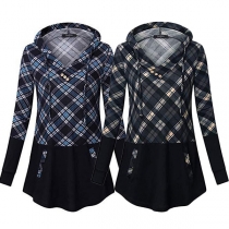 Fashion Plaid Spliced Long Sleeve Hooded Top