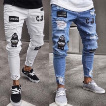 Hip-hop Style Embroidery Spliced Ripped Men's Jeans
