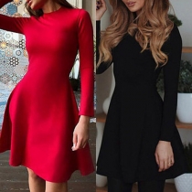 Fashion Solid Color Long Sleeve Round Neck High Waist Dress