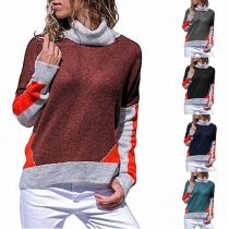 Fashion Contrast Color Long Sleeve Turtleneck Loose Sweater