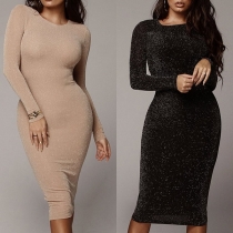 Fashion Solid Color Long Sleeve Round Neck Slim Fit Dress