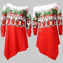Sexy Oblique Shoulder Long Sleeve Irregular Hem Bell Printed T-shirt