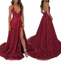 Sexy Backless Deep V-neck Slit Hem Floor-length Sling Lace Dress