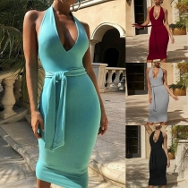 Sexy Backless Deep V-neck Solid Color Slim Fit Halter Dress