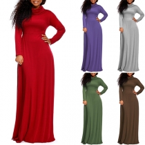 Elegant Solid Color Long Sleeve High Waist Cowl Neck Maxi Dress