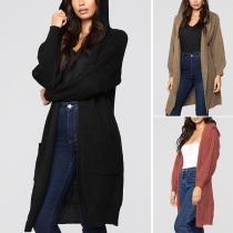 Fashion Solid Color Long Sleeve Hooded Loose Knit Cardigan
