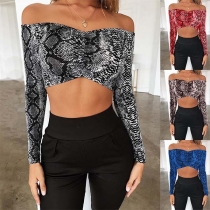 Sexy Off-shoulder Boat Neck Long Sleeve Serpentine Printed Crop Top