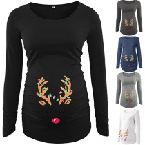 Cute Antlers Printed Long Sleeve Round Neck Maternity T-shirt