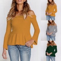 Sexy Off-shoulder Boat Neck Long Sleeve Solid Color Knit Top