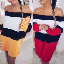 Sexy Off-shoulder Boat Neck Long Sleeve Contrast Color Knit Dress