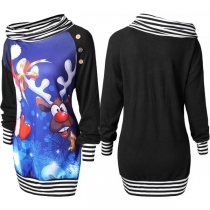 Fashion Striped Spliced Long Sleeve Cowl Neck Elk Printed Sweatshirt