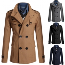 Fashion Solid Color Double-breasted Men's Woolen Coat