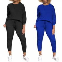 Fashion Solid Color Dolman Sleeve Top + Pants Two-piece Set 