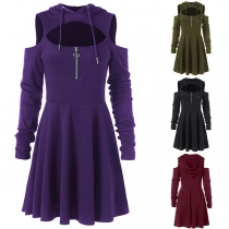 Sexy Off-shoulder Long Sleeve Solid Color Hollow Out Hooded Dress