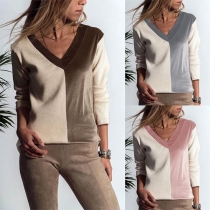 Fashion Contrast Color Fabric Spliced Deep V-neck Long Sleeve Shirt