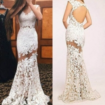 Fashion Solid Color Deep V-neck Backless Sleeveless Embroidered Dress