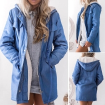 Fashion Solid Color Single-breasted Side Pockets Hooded Coat
