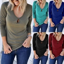Fashion Solid Color Round-neck Long Sleeve Slim Fit Top
