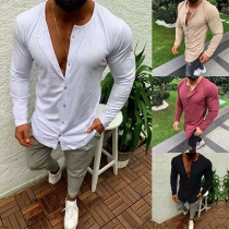 Fashion Solid Color Round-neck Single-breasted Long Sleeve Men’s Shirt