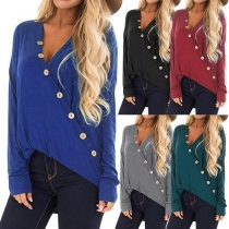 Fashion Solid Color Deep V-neck Oblique Buttons Long Sleeve Top