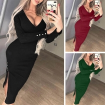 Sexy V-neck Slit Hem Long Sleeve Solid Color Slim Fit Knit Dress
