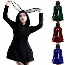 Fashion Solid Color Long Sleeve Bunny Ears Hooded Sweatshirt Dress