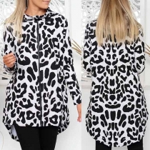 Fashion Contrast Color Long Sleeve Leopard Printed Pattern Zipper Coat