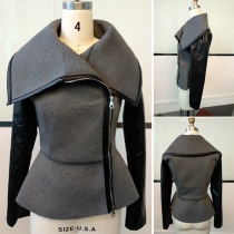 Fashion PU Leather Spliced Long Sleeve Side-zipper Jacket 